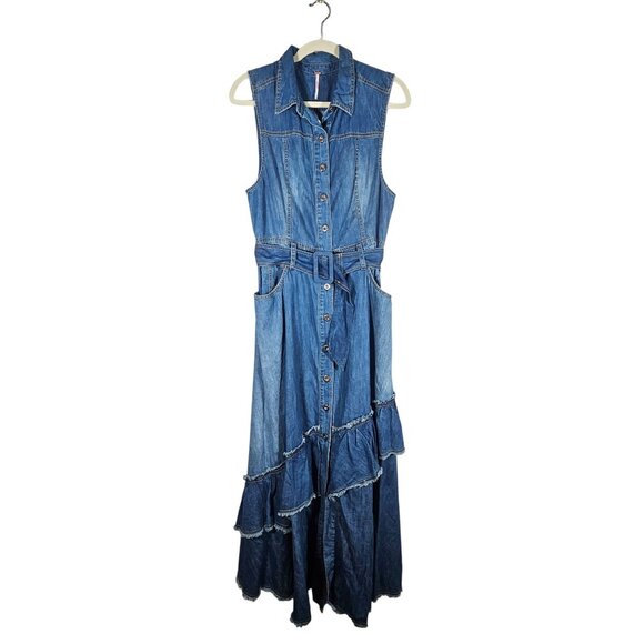 Free People Women Beau Ruffle Midi Western Dress Blue M Cowgirl Boho Cottagecore - Picture 4 of 14